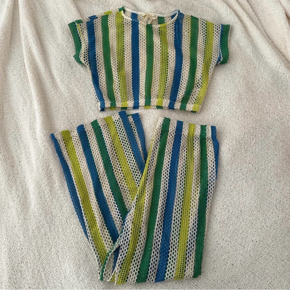 Striped Knit Two-Piece Set in Blue, Green & White